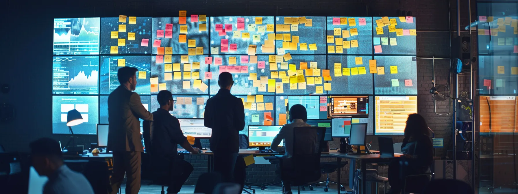 a dynamic office environment showcases a diverse reputation management team engaged in a collaborative brainstorming session, surrounded by digital screens displaying metrics and analytics, with a striking contrast of colorful post-it notes and modern ergonomic furniture enhancing the focused atmosphere.