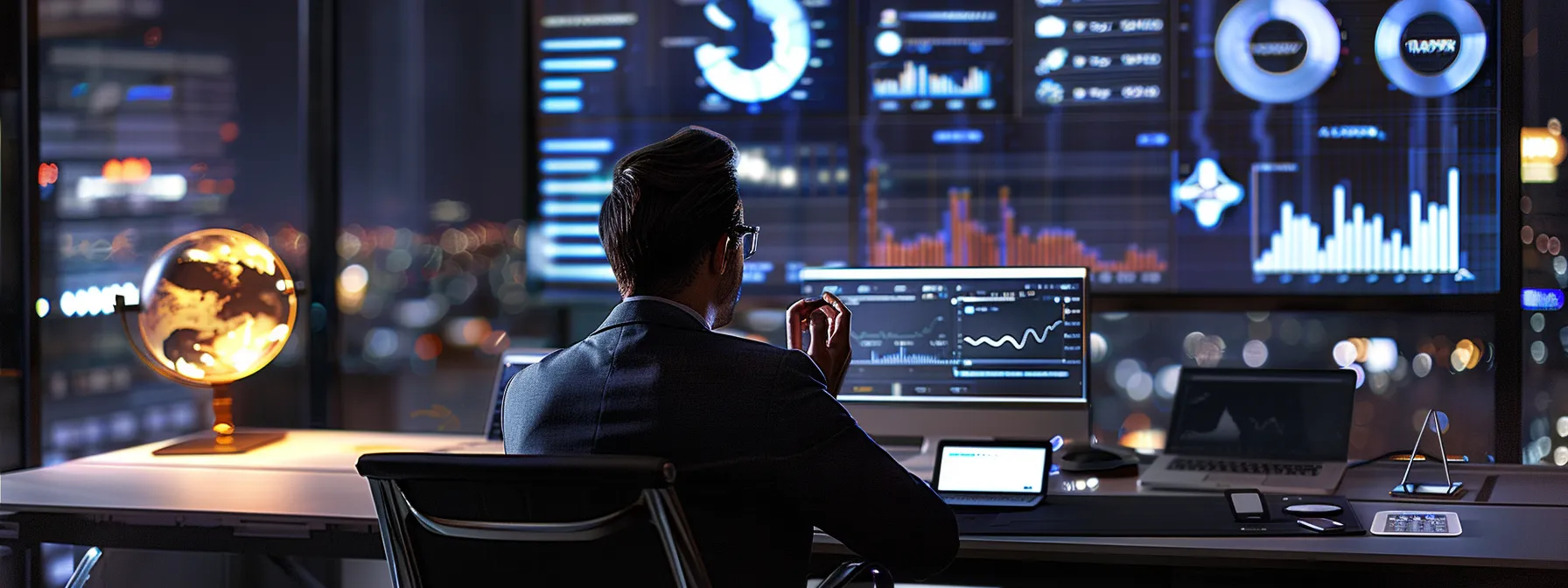 a focused business professional sits at a sleek modern desk, intently analyzing a digital dashboard displaying google reviews, with vibrant charts illustrating engagement strategies illuminated by ambient office lighting.