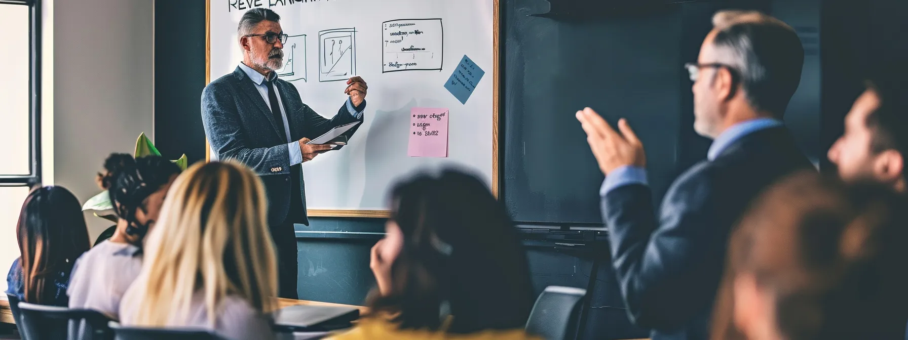 a focused business training session unfolds in a modern office, where team members attentively engage with a digital presentation on review management practices, highlighted by an interactive qr code displayed prominently on the screen.