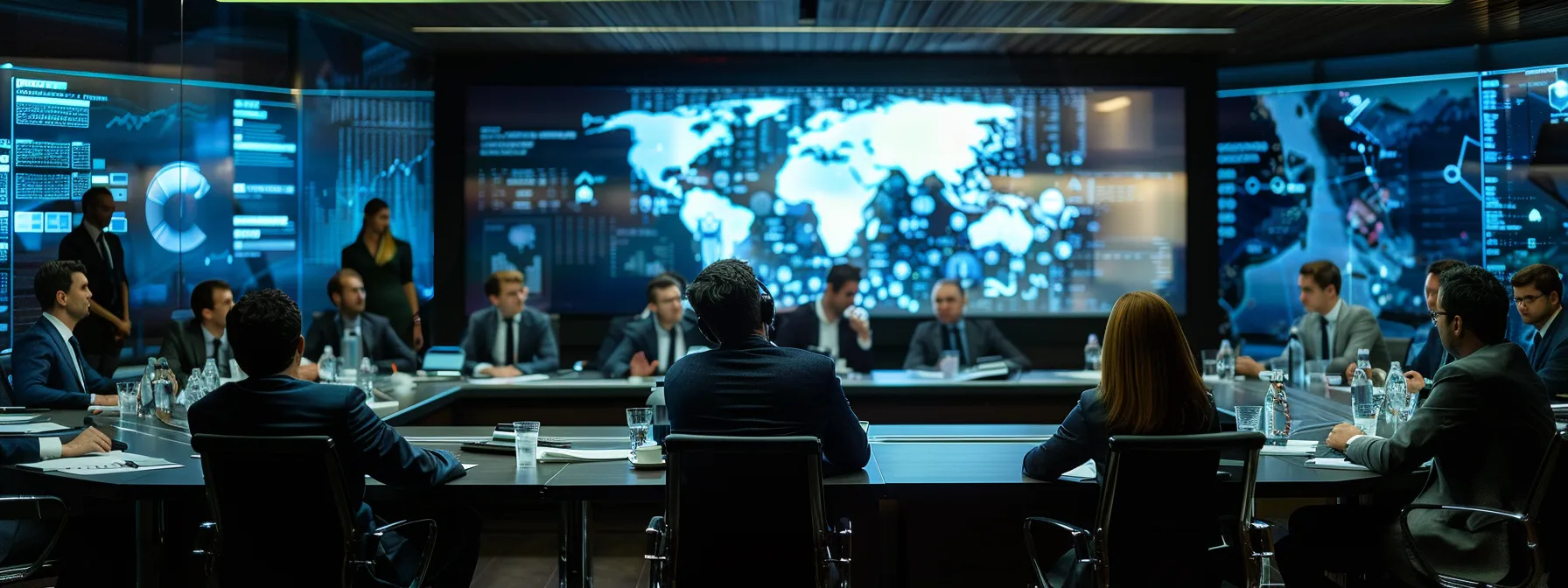 a focused group of professionals in a modern conference room intensely strategizing around a sleek table, with digital screens displaying crisis communication frameworks and social media alerts illuminating their serious expressions.