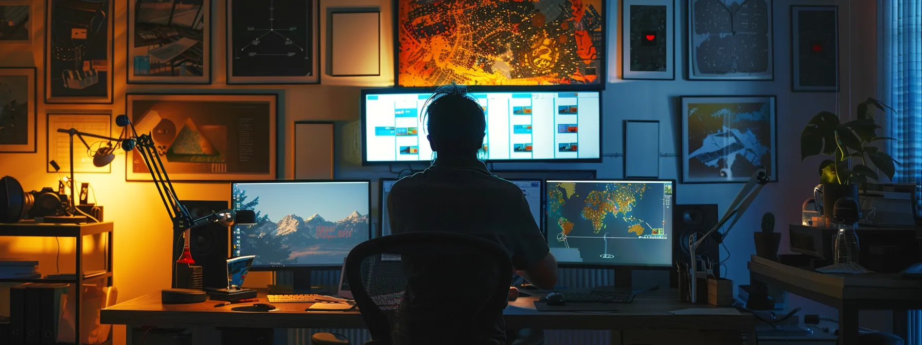 a focused office scene features a professional examining a computer screen displaying flagged reviews, surrounded by digital tools designed for reporting and managing online feedback.