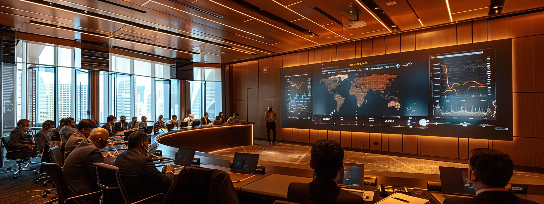 a modern conference room features a large table surrounded by engaged leaders discussing a digital presentation on crisis communication strategies, with charts and graphs illustrating successful reputation recovery cases prominently displayed on a sleek screen.