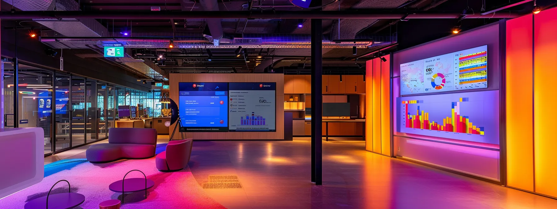 a modern office environment featuring a sleek digital dashboard displaying analytics and trends related to google reviews, illuminated by warm, focused lighting, emphasizing the integration of ai in enhancing customer feedback strategies.