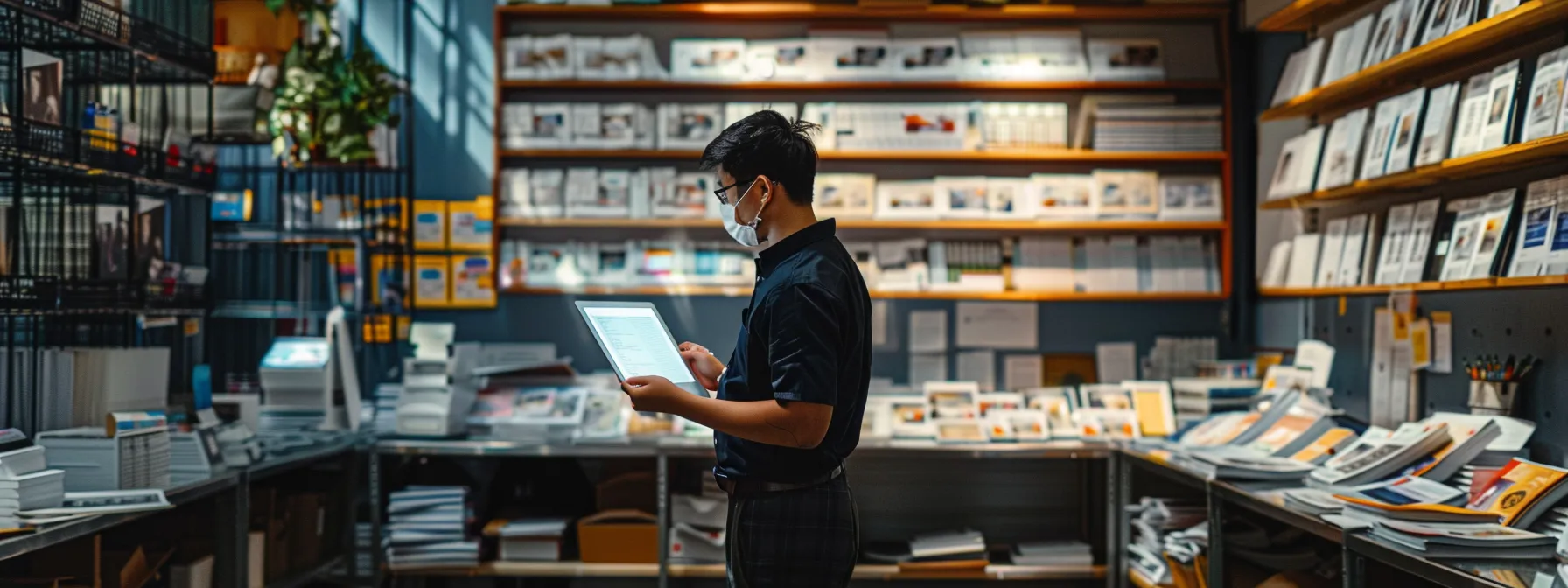 a modern office space features a sleek workstation with a focused professional engaging with a digital tablet, displaying google reviews as they craft thoughtful responses against a backdrop of vibrant, organized shelves of customer feedback materials.