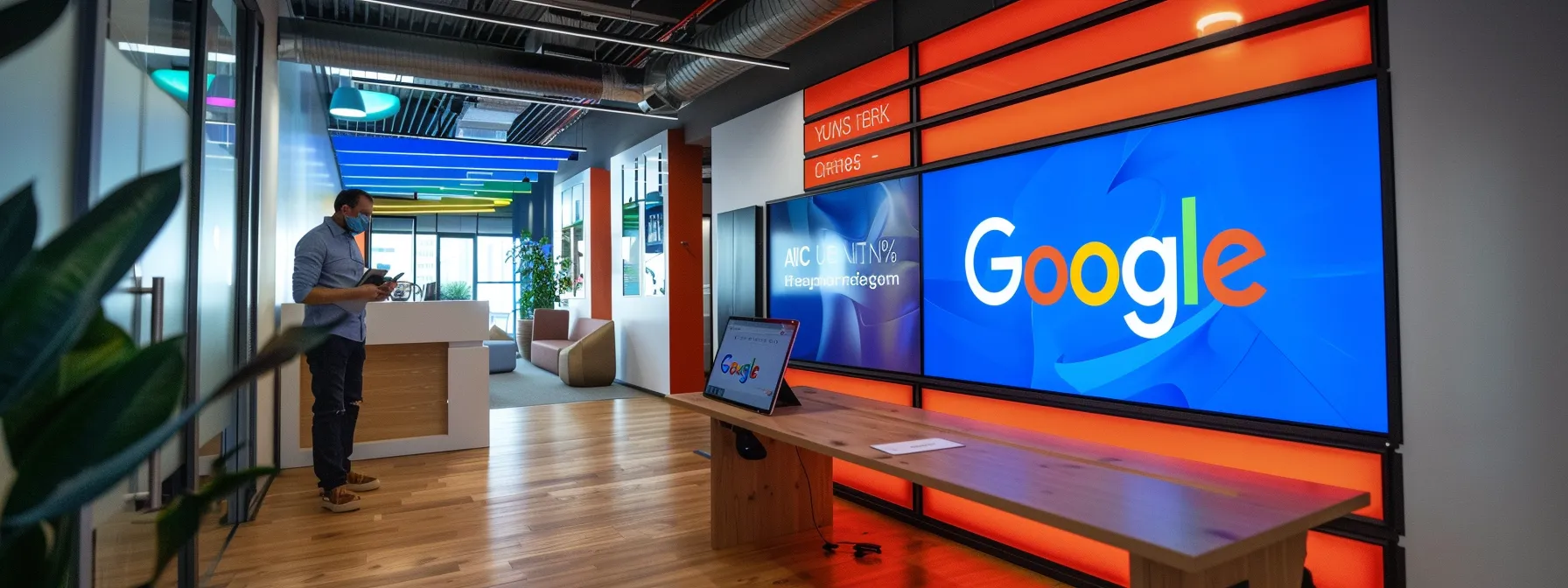 a sleek, modern office environment featuring a confident professional reviewing digital guidelines on a tablet, surrounded by vibrant screens displaying key google review policy highlights, reflecting a theme of strategic reputation management.