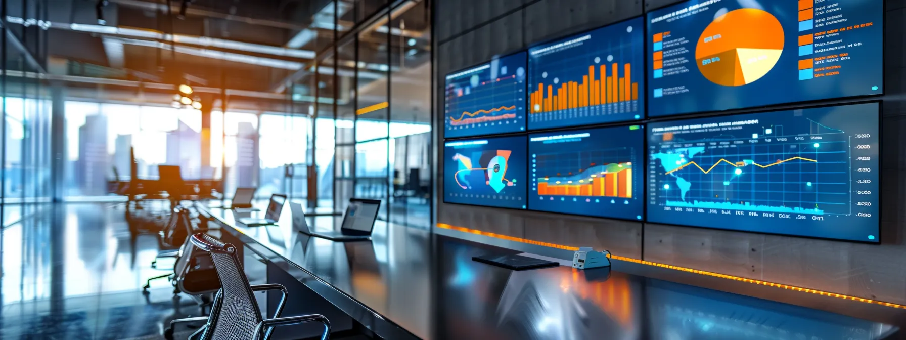 a sleek, modern office workspace filled with multiple digital screens displaying vibrant dashboards of customer review analytics and engagement metrics, illuminated by ambient light reflecting off the polished surfaces, highlighting the focus on data-driven strategies for enhancing consumer satisfaction.