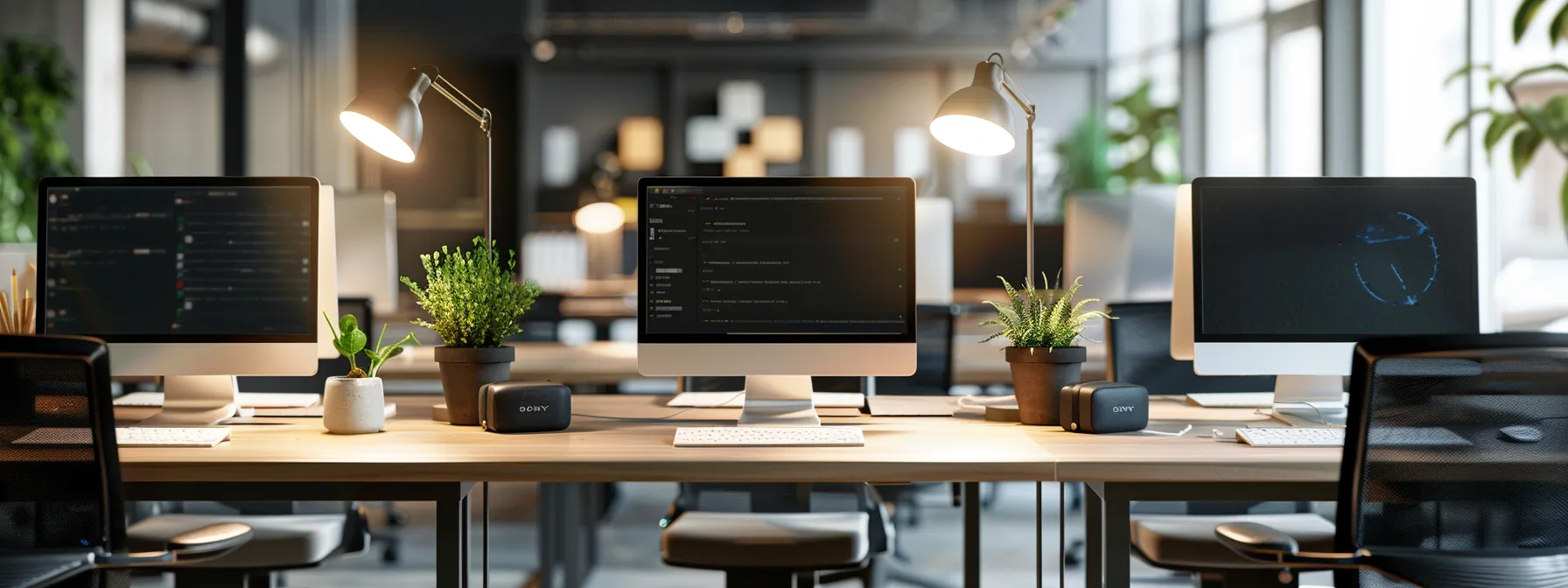 a sleek, modern office workspace showcases multiple computer screens displaying an intuitive review management software dashboard, illuminated by soft, ambient lighting that highlights the organized chaos of productivity and the integration of technology in optimizing customer feedback.