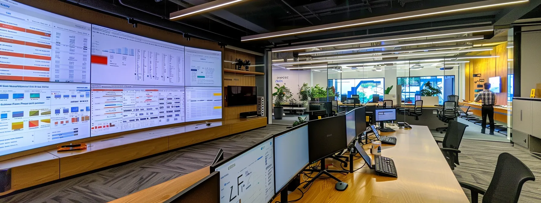 a sleek, modern office workspace features a large computer screen displaying a visually appealing dashboard of google reviews, surrounded by a vibrant atmosphere of collaboration, with professionals engaged in discussions and strategizing on customer feedback initiatives.