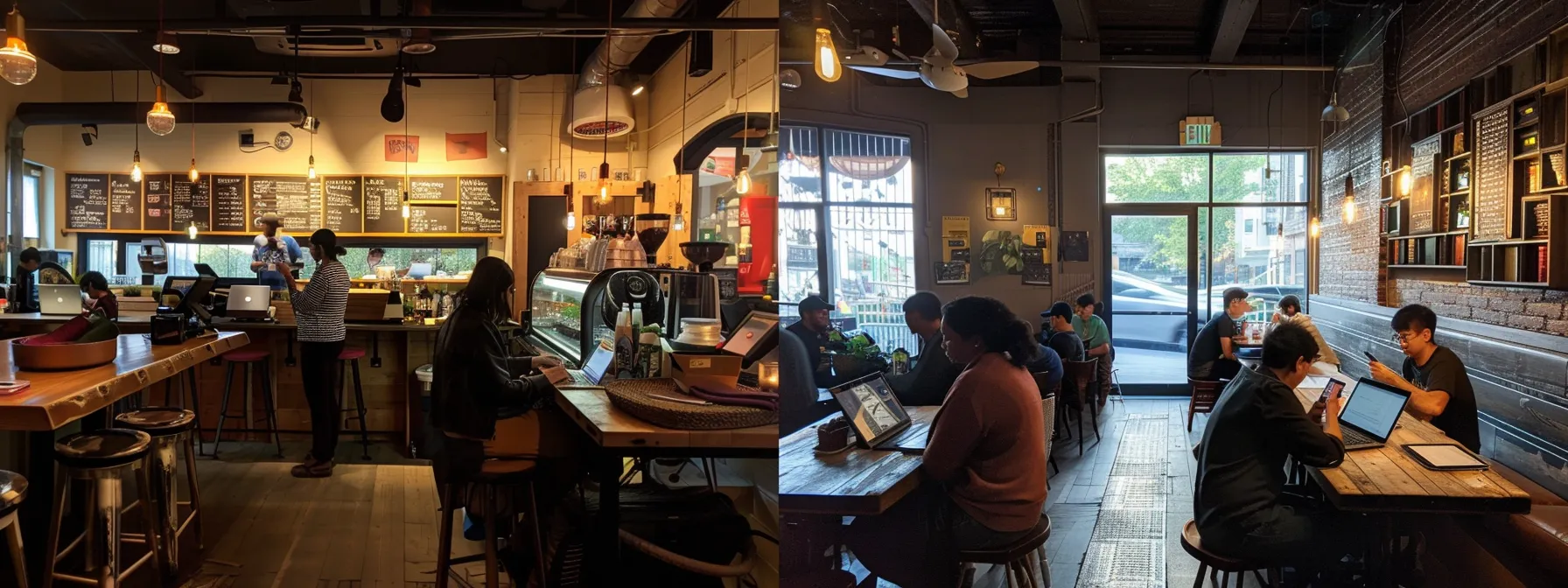 a vibrant urban coffee shop interior, featuring a diverse group of satisfied customers engaging with digital tablets while leaving glowing reviews, illuminated by warm, inviting lighting that enhances a sense of community and trust.