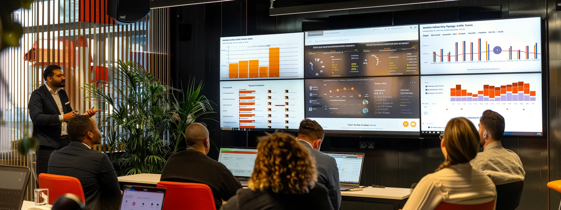 an engaging office scene featuring a confident professional giving a presentation about the importance of ethical google reviews, with a sleek digital screen displaying vibrant metrics and positive feedback visuals in a modern workspace.