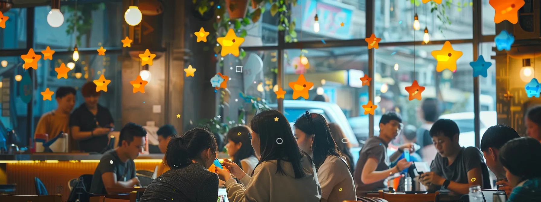 a bustling urban coffee shop interior showcases a diverse group of engaged customers examining their smartphones and tablets, reflecting the influence of online reviews on their choices, as colorful review ratings and star icons float in the air above them.