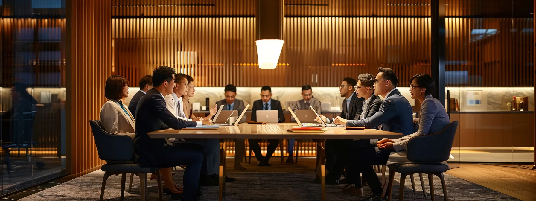 a confident business team, composed of diverse and successful men and women, gathers around a sleek, modern conference table, analyzing transparent service contracts and pricing models on digital tablets, illuminated by the warm glow of the room’s contemporary lighting, conveying a sense of collaboration and strategic decision-making.