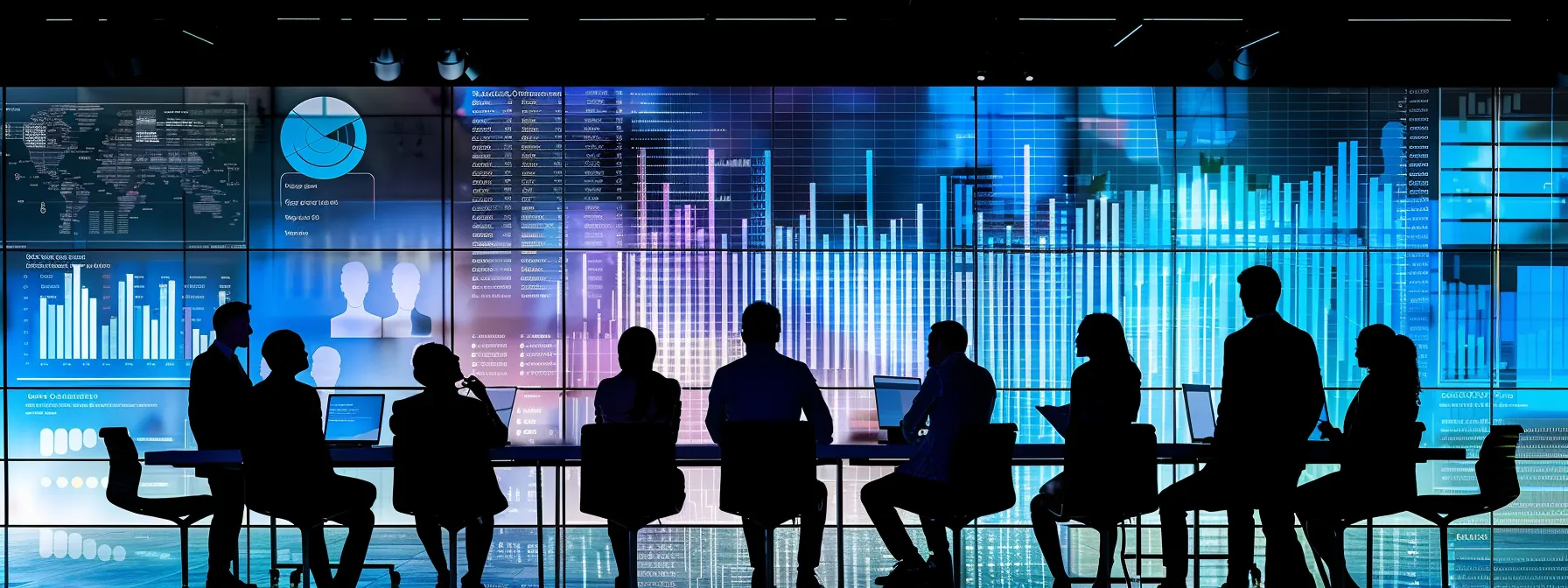a confident group of successful business professionals gathered around a sleek conference table, animatedly discussing innovative strategies on digital devices, with graphs and analytics displayed on large screens in a modern office setting, symbolizing their commitment to long-term ecommerce seo success.