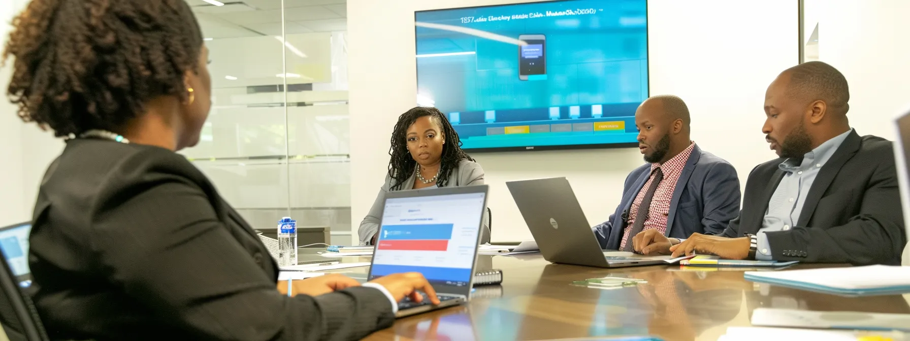 a confident, professionally dressed business team engages in a strategic meeting around a sleek conference table, analyzing digital marketing data on laptops while discussing communication strategies and seo fundamentals, illuminated by modern overhead lighting in a stylish office setting.