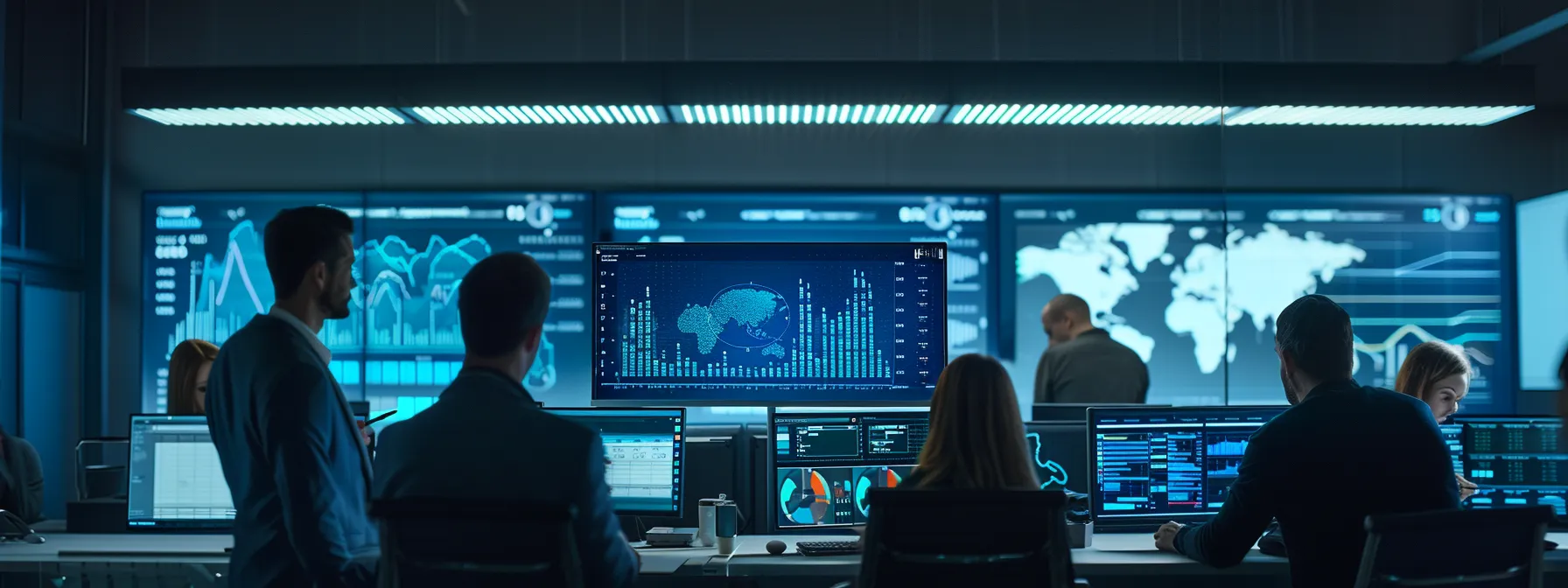 a dynamic office environment bustling with digital marketing professionals analyzing graphs and charts on sleek monitors, showcasing strategic discussions focused on enhancing seo performance for ecommerce campaigns in 2025.