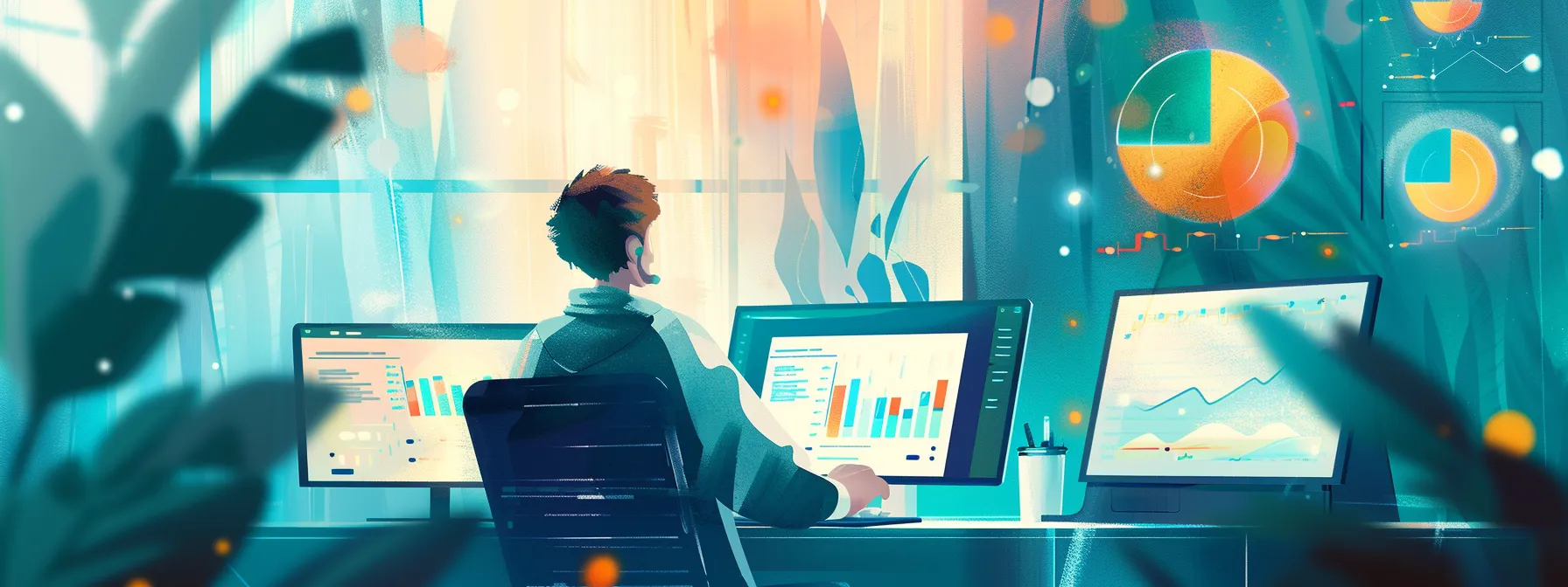 a dynamic office setting showcases a focused professional analyzing a digital seo checklist on a laptop, surrounded by charts and graphs that highlight local engagement metrics and performance progress.