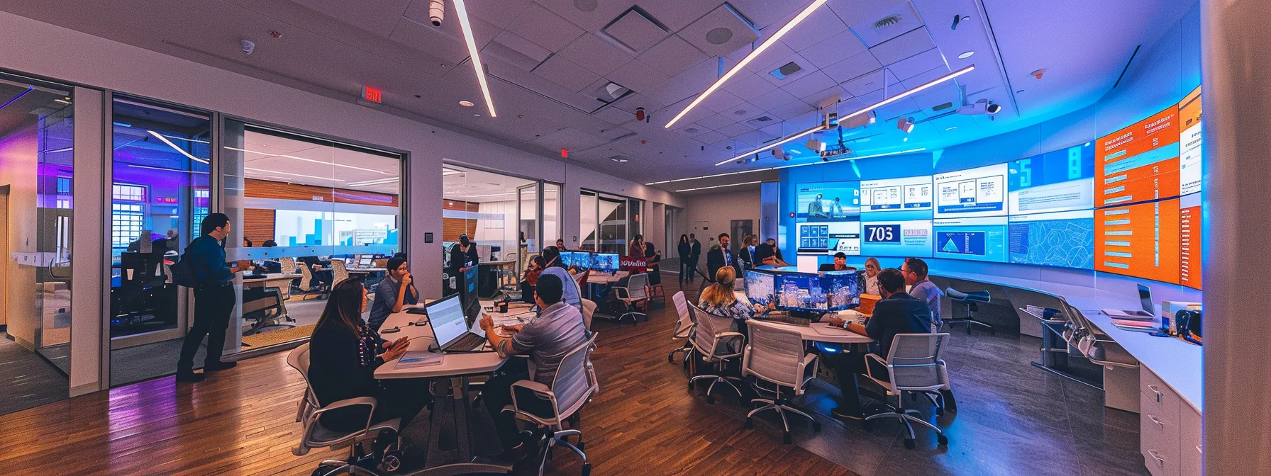 a dynamic office workspace features professionals engaged in animated discussions, surrounded by digital screens displaying graphs on local seo trends and real estate data, with vibrant marketing materials showcasing effective snippets and link-building strategies prominently displayed.