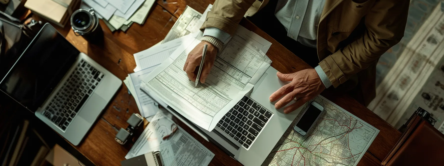 a focused office scene features a professional analyzing a detailed spreadsheet on a sleek laptop while surrounded by notes and urban maps, highlighting the strategic planning of accurate local citations for businesses in new york city.