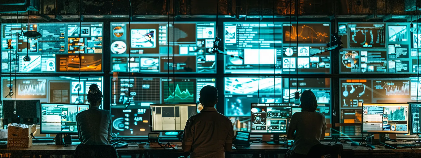 a modern office environment with multiple digital screens displaying local search rankings and analytics dashboards, highlighting a focused team collaborating on strategies for enhancing multi-location seo performance.