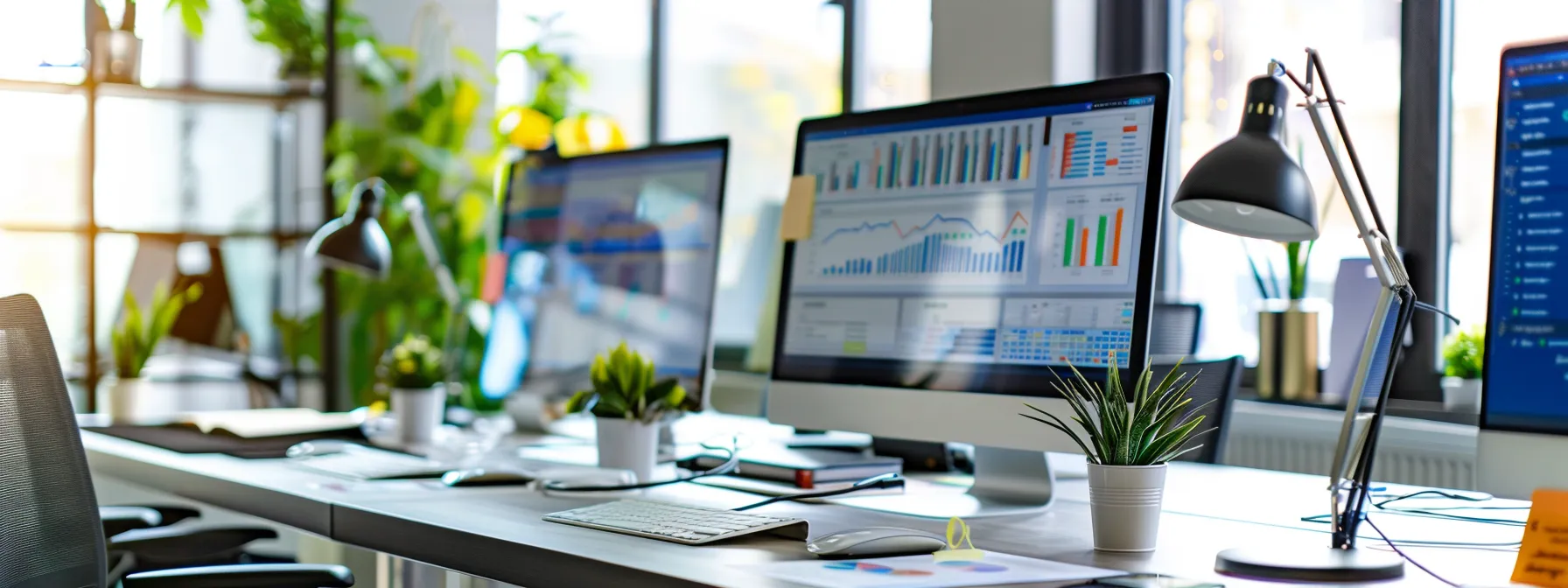 a sleek, modern office environment features multiple computer screens displaying vibrant, optimized web pages for various business locations, complemented by analytical graphs and data visualizations on surrounding monitors, illuminated by crisp, focused lighting.