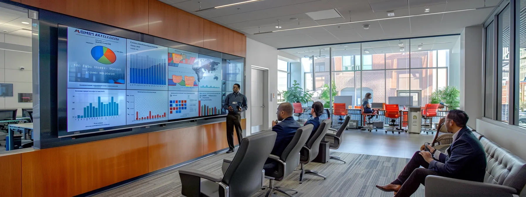 a sleek, modern office setting showcases a team engaged in dynamic discussions while analyzing digital screens displaying colorful graphs and metrics of online reputation trends, emphasizing their strategic approach to reputation management.