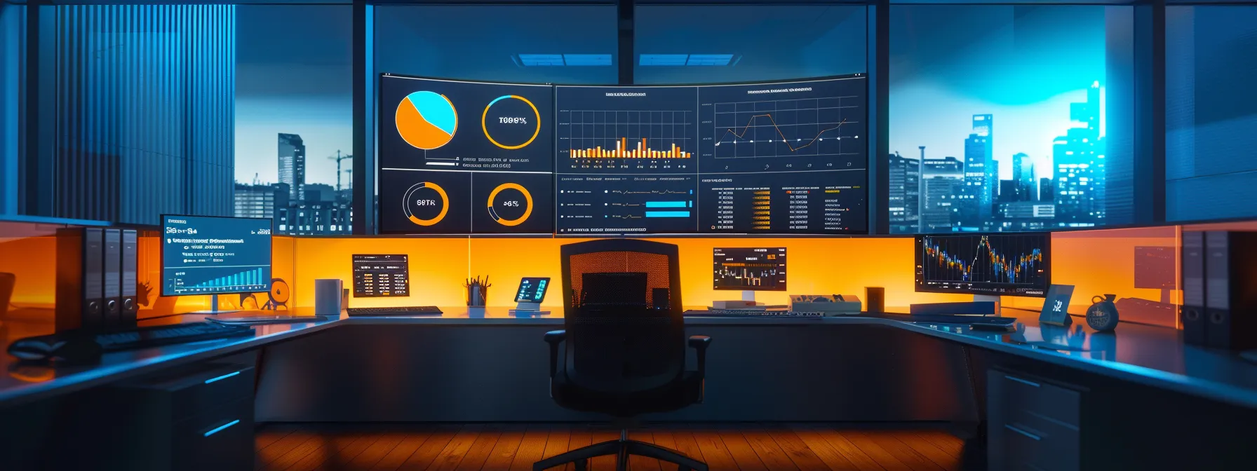 a sleek, modern office workspace featuring an organized desk with dual monitors displaying data analytics and graphs, complemented by a vibrant wall adorned with dynamic infographics on ecommerce performance metrics, creating a visually engaging atmosphere that emphasizes the intersection of technology and digital marketing.