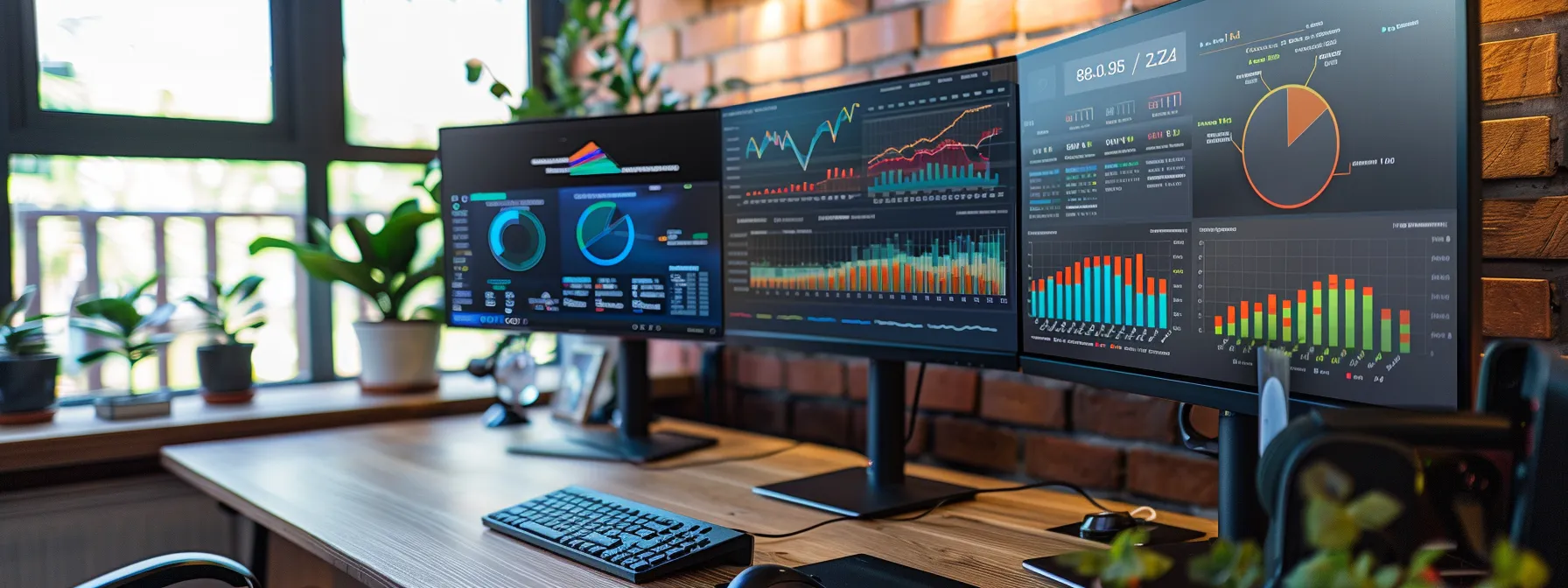 a sleek, modern office workspace is filled with multiple screens displaying vibrant graphs and charts, showcasing an interactive e-commerce seo dashboard while a stylishly arranged bookshelf brims with influential industry books and resources.