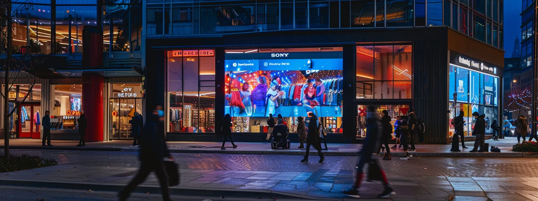 a vibrant urban storefront showcases a large digital screen featuring glowing customer testimonials and star ratings, capturing the attention of passersby and enhancing local interest.