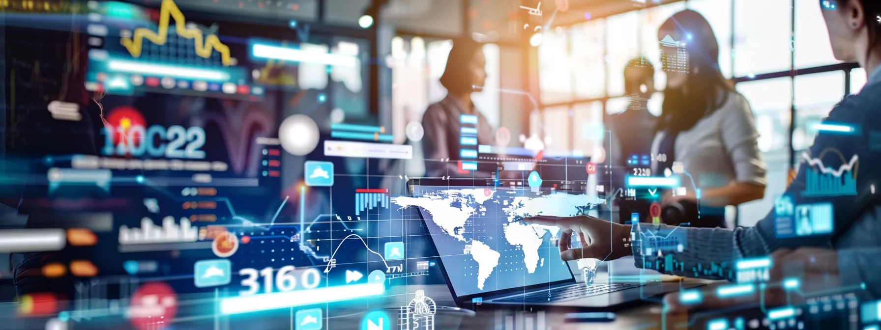 a dynamic office scene features a diverse team collaborating over a digital strategy map, with vibrant post-it notes detailing local seo targets, colorful charts projecting online presence metrics, and laptops displaying analytics dashboards under bright, focused overhead lighting.