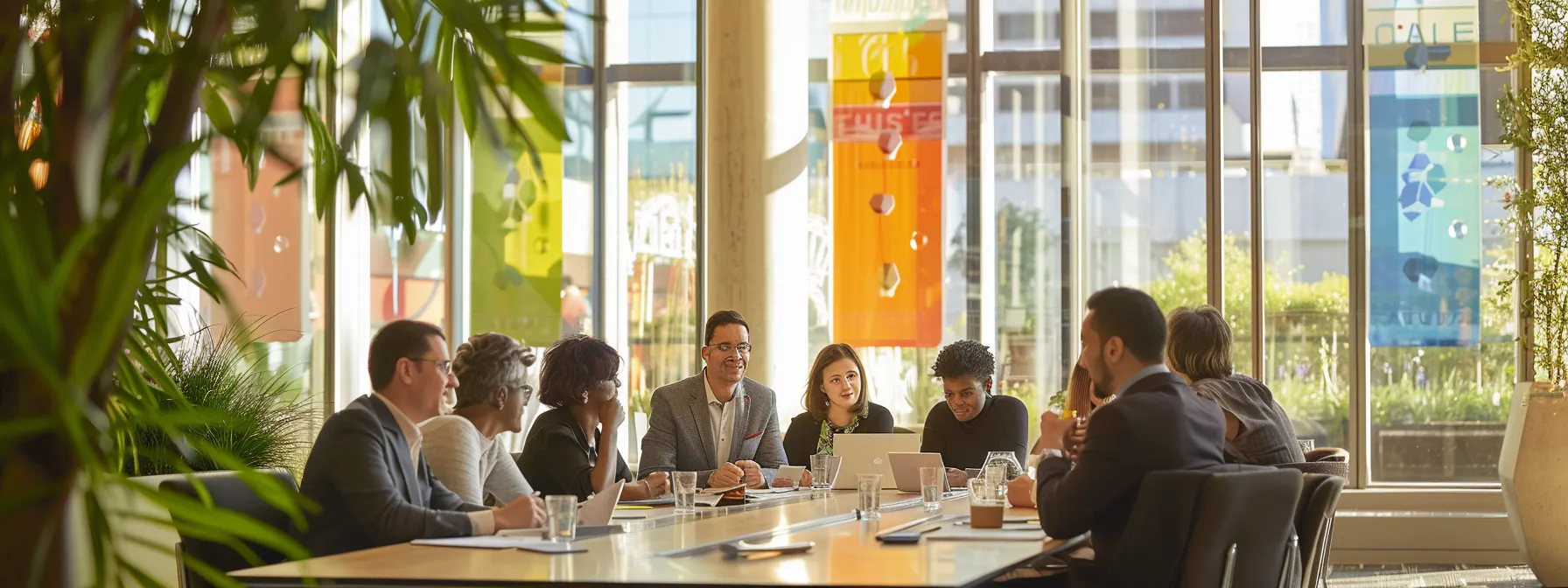 a dynamic urban setting showcases a diverse group of professionals engaging in a collaborative meeting at a sleek conference table, surrounded by vibrant banners highlighting local sponsorships and community events, symbolizing the power of connections for business growth and community impact.