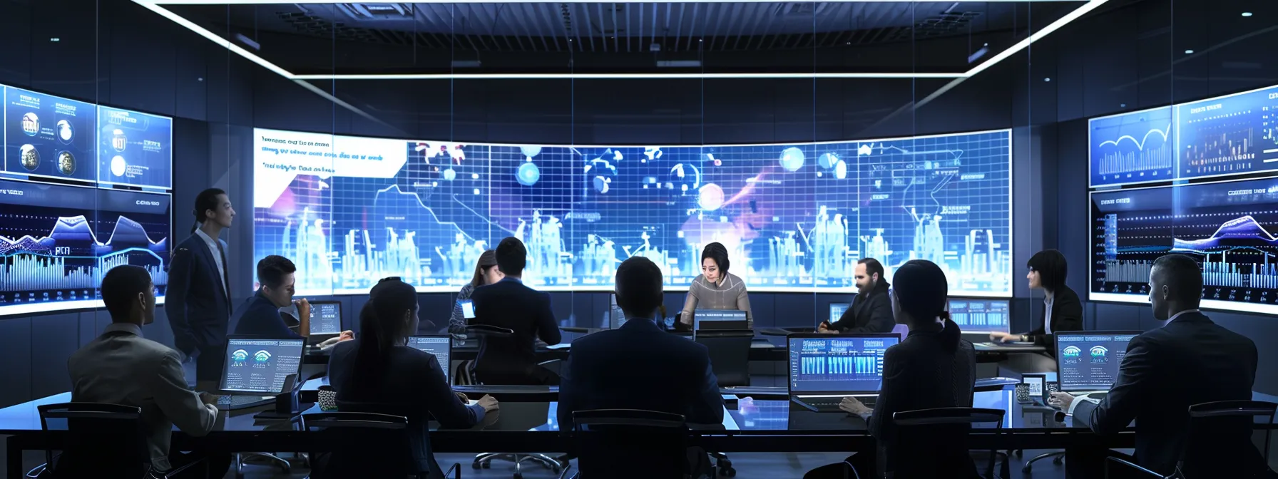 a focused business meeting scene unfolds in a sleek office, where diverse professionals engage in a dynamic discussion around a high-tech conference table, analyzing performance metrics displayed on digital screens, reflecting a strategic decision-making process for agency selection.