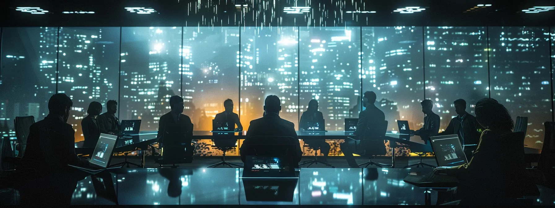 a focused office setting features a sleek conference table surrounded by engaged professionals analyzing competitor backlink profiles on laptops, illuminated by bright overhead lights, creating a dynamic atmosphere of strategic collaboration.