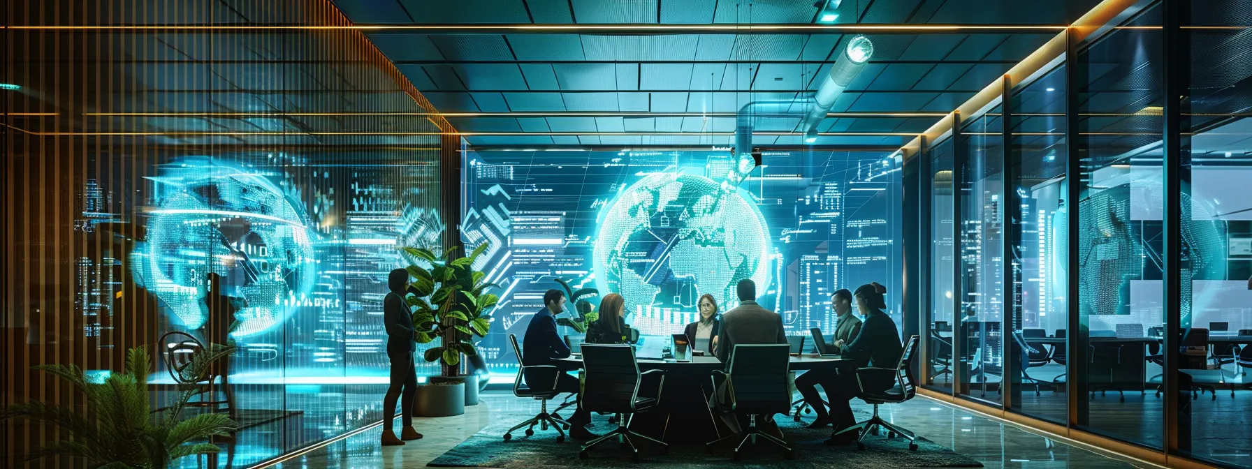 a futuristic office space showcases a sleek digital interface displaying dynamic local seo citation trends, illuminated by vibrant led screens and surrounded by professionals engaged in strategic discussions, reflecting the evolution of voice search and ai in citation management.