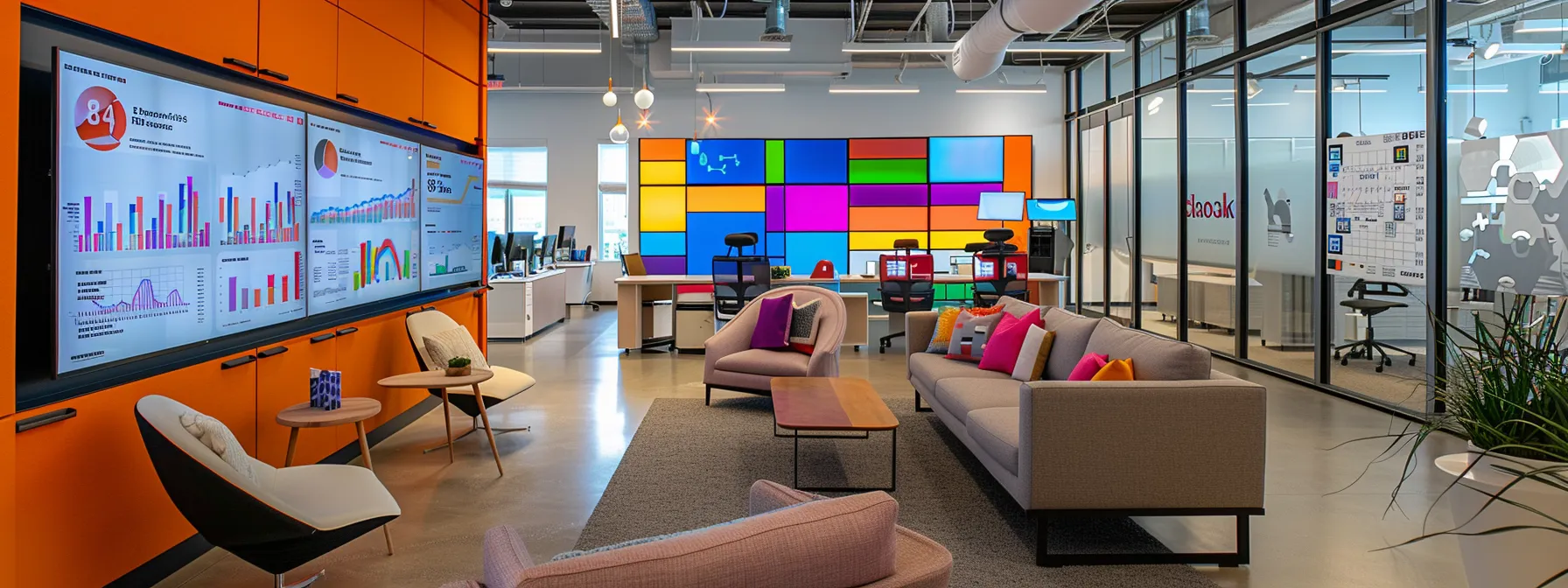 a sleek, modern office environment with multiple screens displaying colorful graphs and data metrics, highlighting the dynamic analysis of local seo performance and strategic adjustments for enhanced digital engagement.