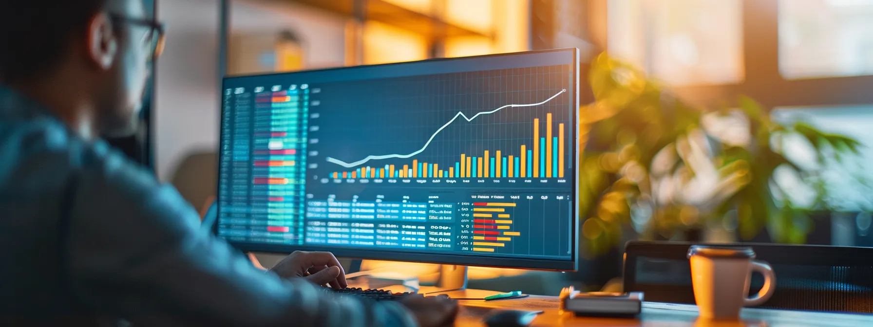 a sleek, modern office setting featuring a focused professional analyzing a large digital screen displaying colorful graphs and local seo metrics, illuminated by vibrant artificial lighting that highlights the dynamic atmosphere of data-driven decision-making.