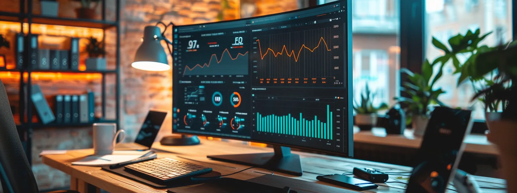 a sleek, modern office workspace showcases an analytical dashboard on a large screen, displaying graphs and metrics that highlight the effectiveness of local link building and seo strategies, illuminated by ambient lighting that enhances the focus on digital analytics.