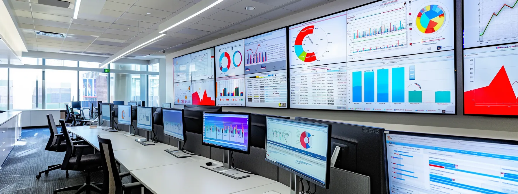 a sleek, modern office workspace is filled with digital analytics dashboards showcasing colorful graphs and metrics on computer screens, emphasizing the meticulous monitoring and strategic analysis of a google business profile's performance.