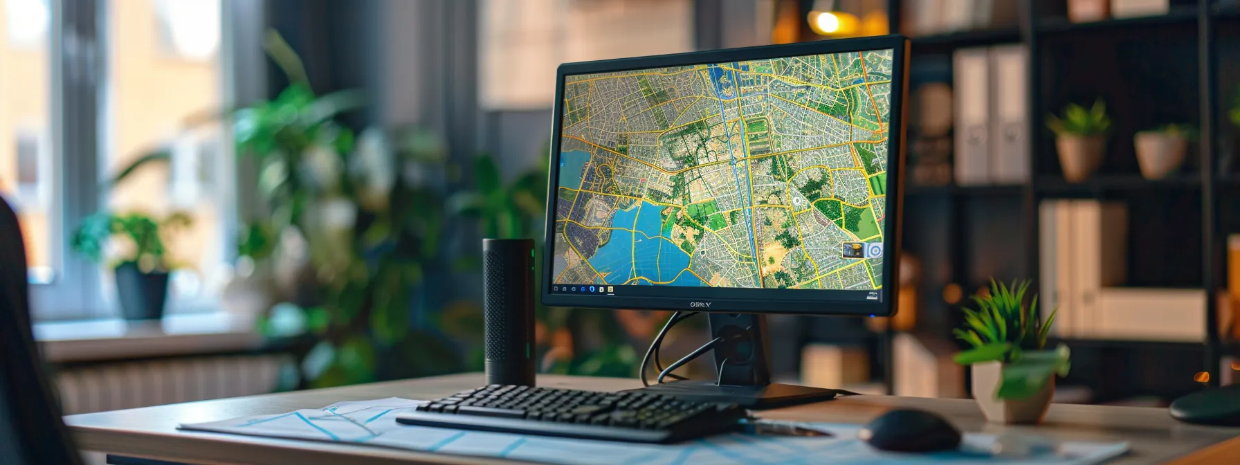a sleek, modern office workspace showcases a computer screen displaying a vibrant online map with highlighted business listings, emphasizing the significance of local citations in enhancing visibility and reputation.