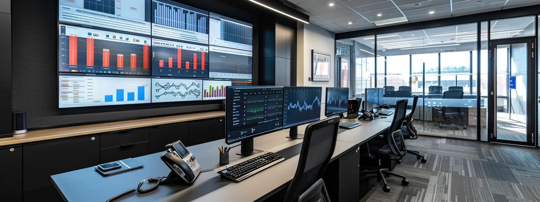 a sleek office workspace featuring a computer screen displaying an optimized google business profile, accented by vibrant graphs and statistics, exuding professionalism and digital engagement.